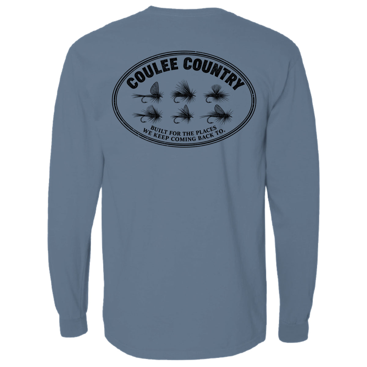 Coulee Country Hatch Long Sleeve in slate, back print with six trout flies