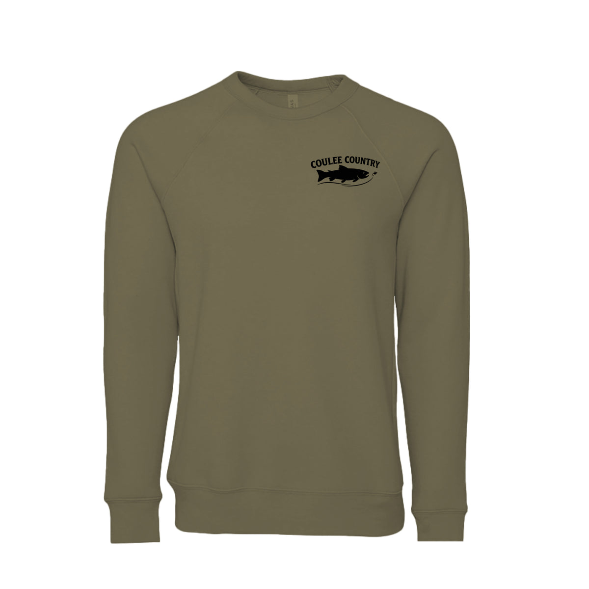 Coulee Country Current Crew sweatshirt in heather olive, front