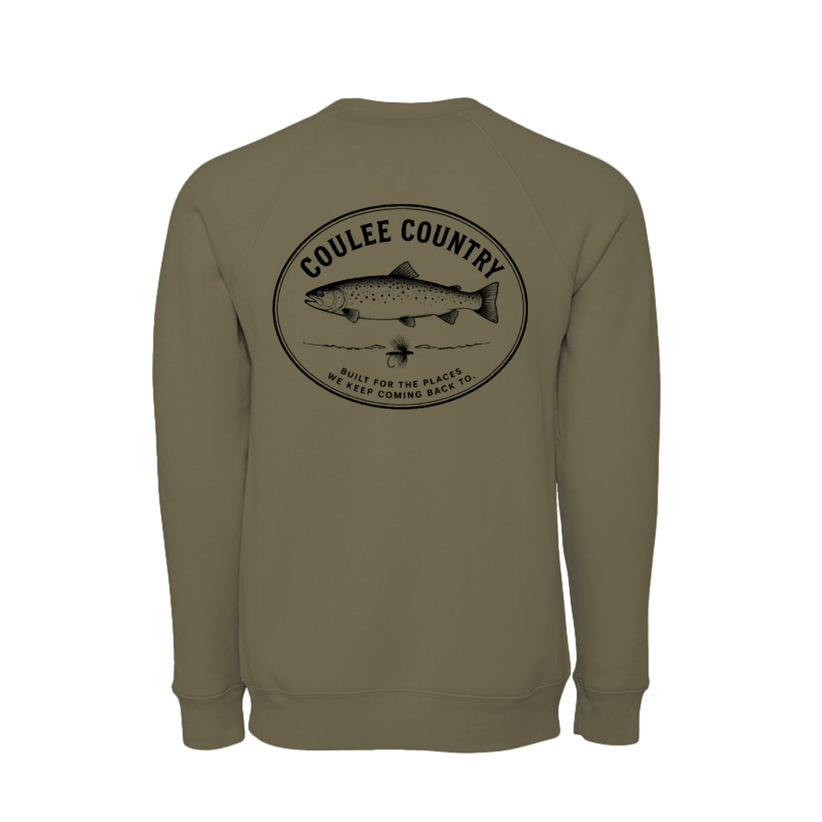 Coulee Country Current Crew sweatshirt in heather olive, back
