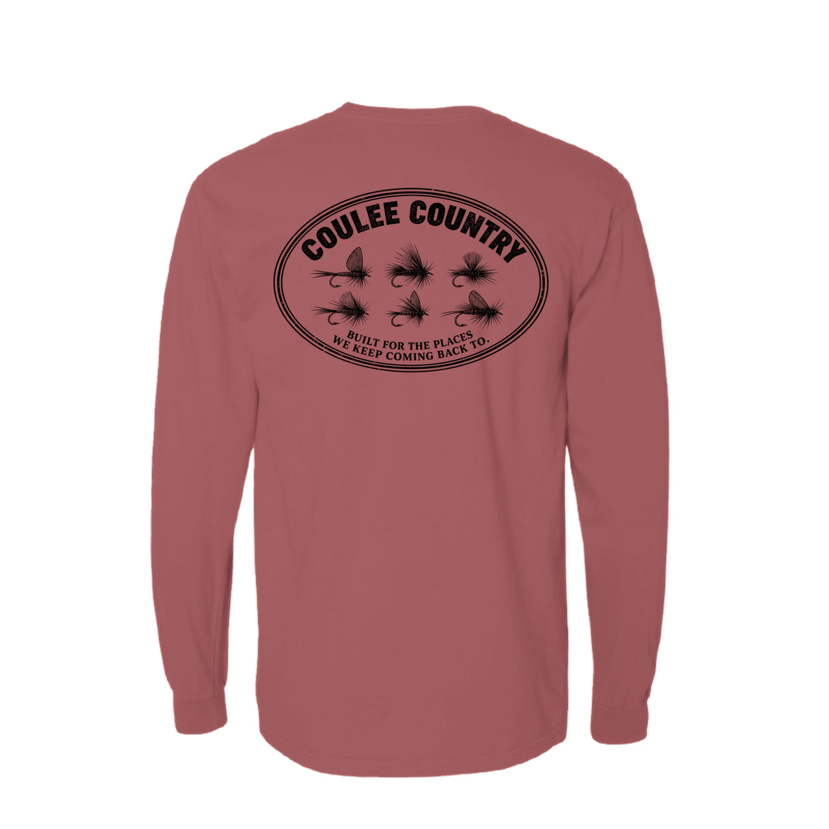 Coulee Country Hatch Long Sleeve in sumac, back print with six trout flies