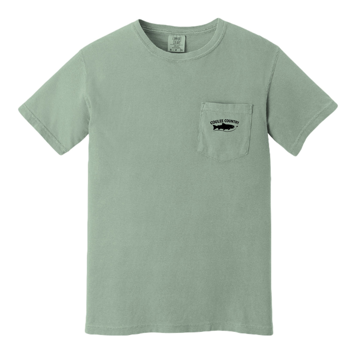 Coulee Country River Run Pocket Tee in sage, front logo