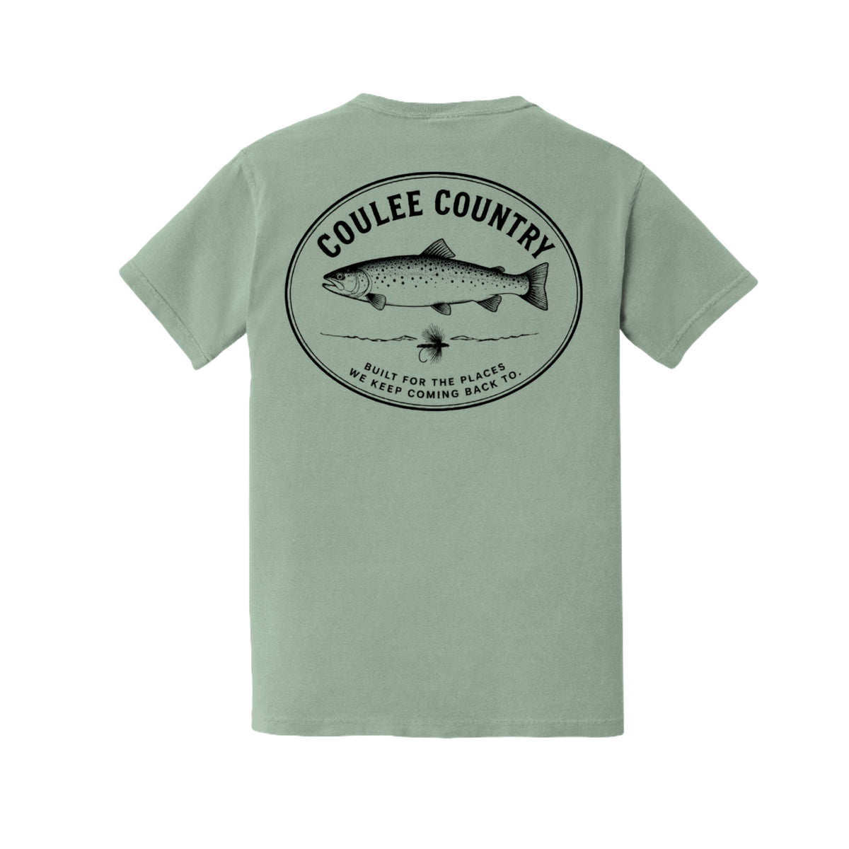 Coulee Country River Run Pocket Tee in sage, back trout graphic