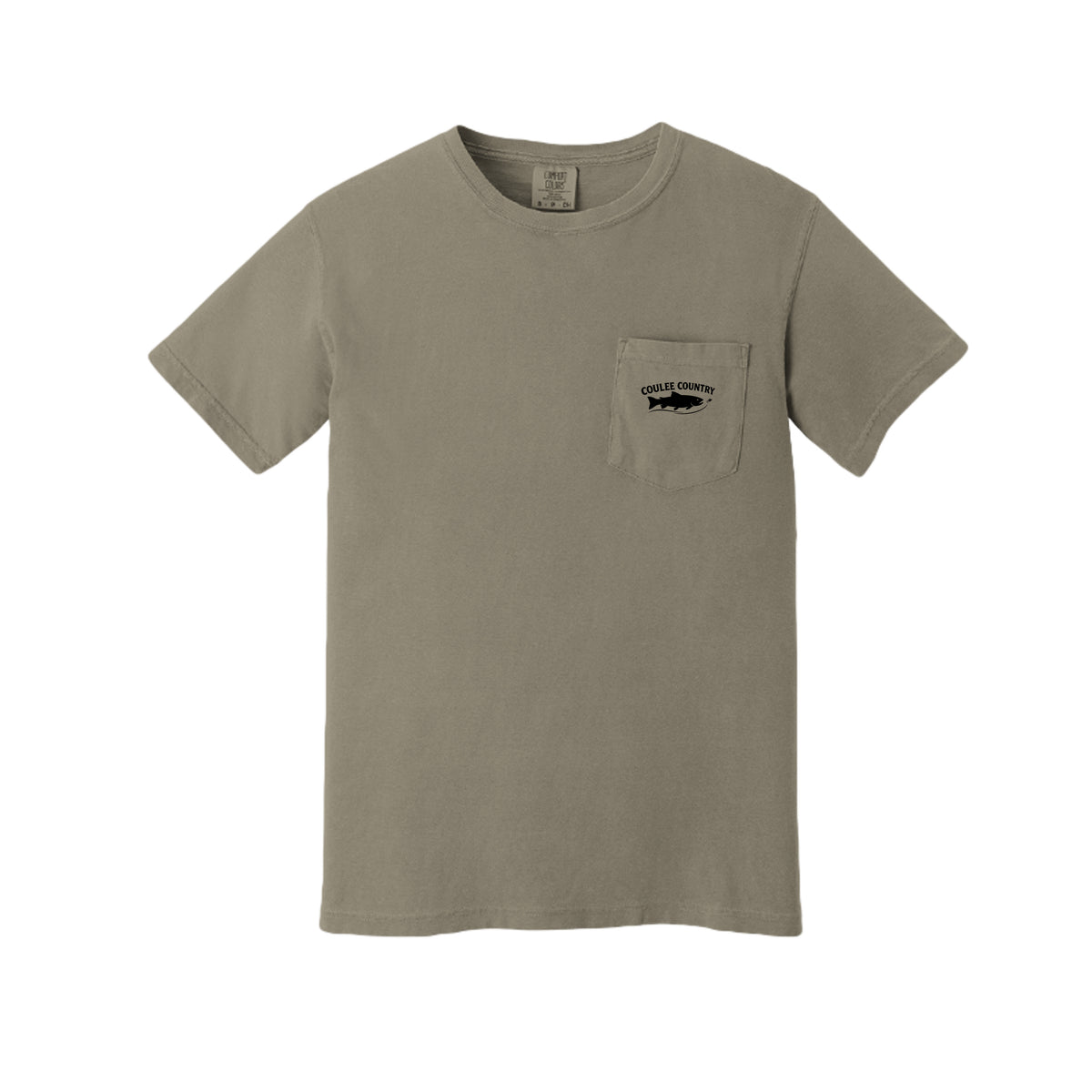 Coulee Country River Run Pocket Tee in sandstone, front logo