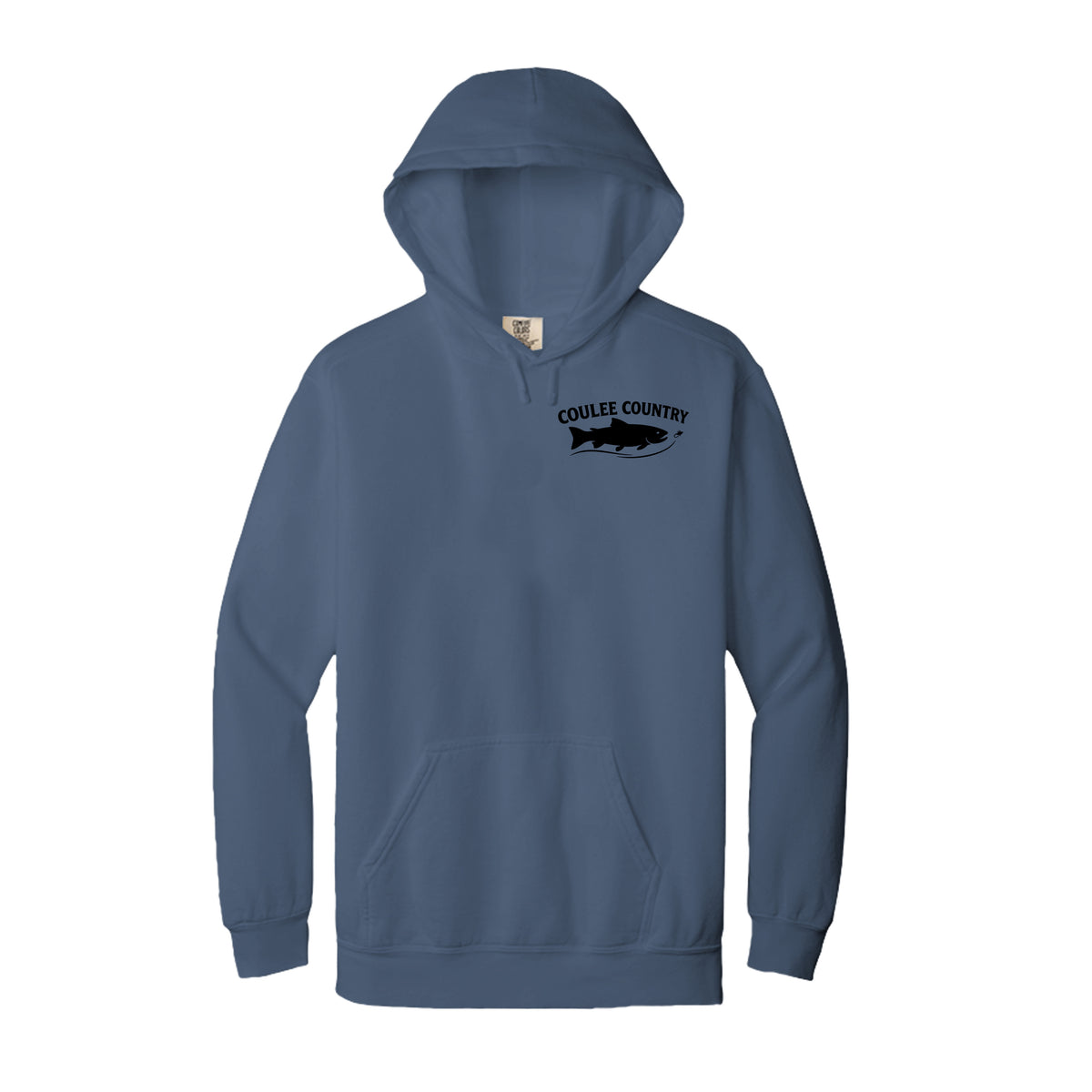 Coulee Country Water & Wood Hoodie in slate, front trout logo