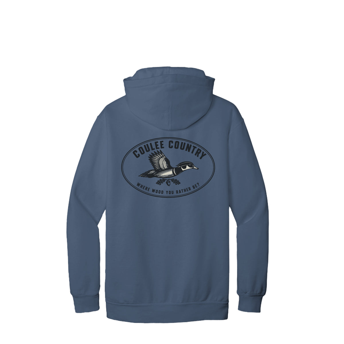 Coulee Country Water & Wood Hoodie in slate, back wood duck print