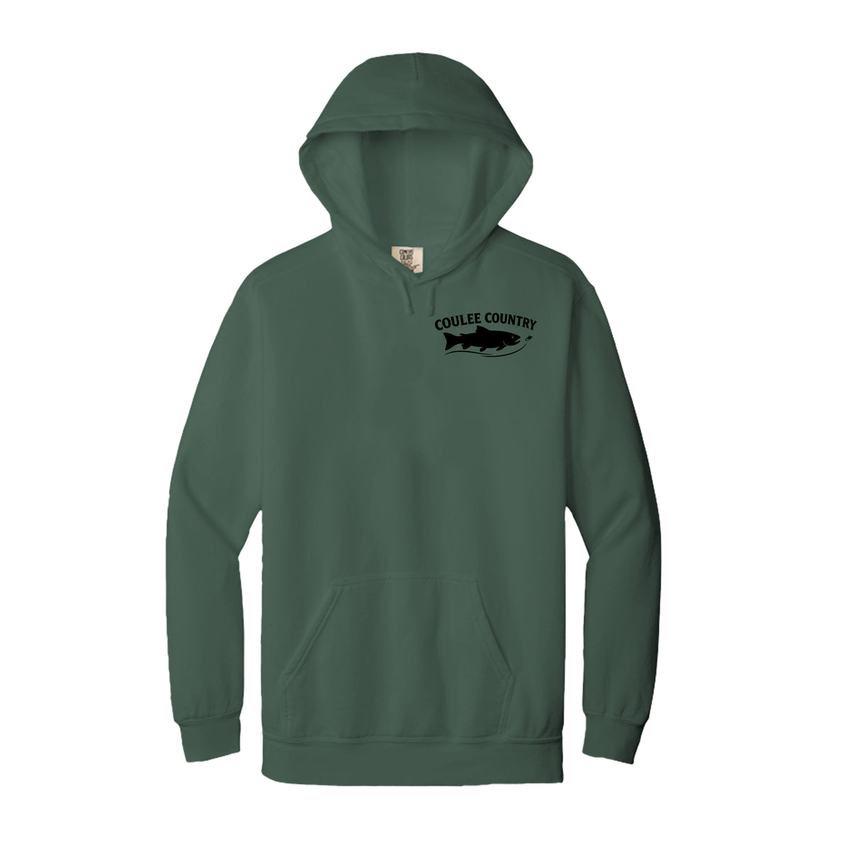 Coulee Country Water & Wood Hoodie in hemlock, front trout logo